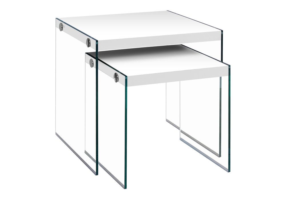 35.5" Glossy White Particle Board And Clear Glass Two Pieces Nesting Table Set