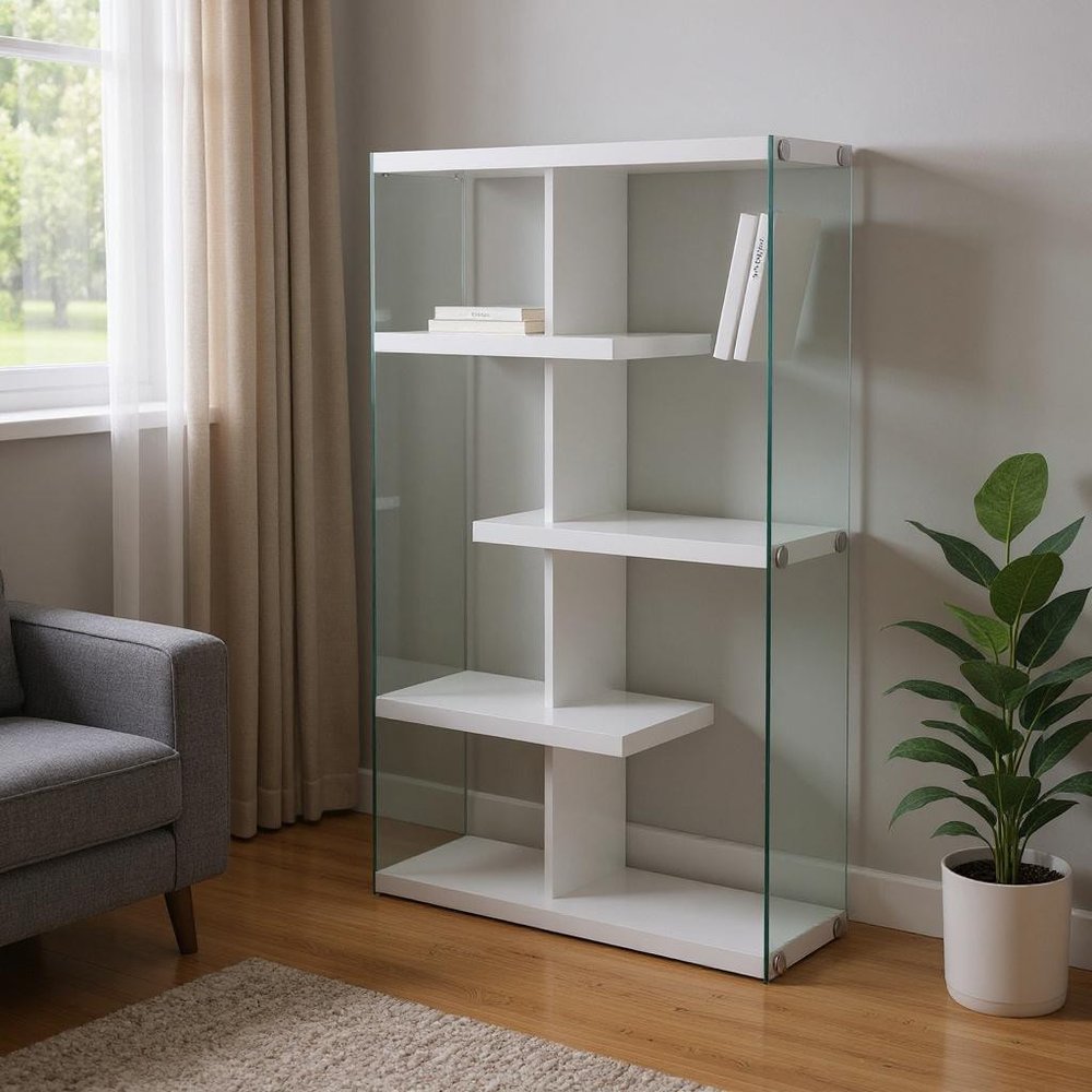 59" White And Clear Glass and Wood Four Tier Etagere Bookcase