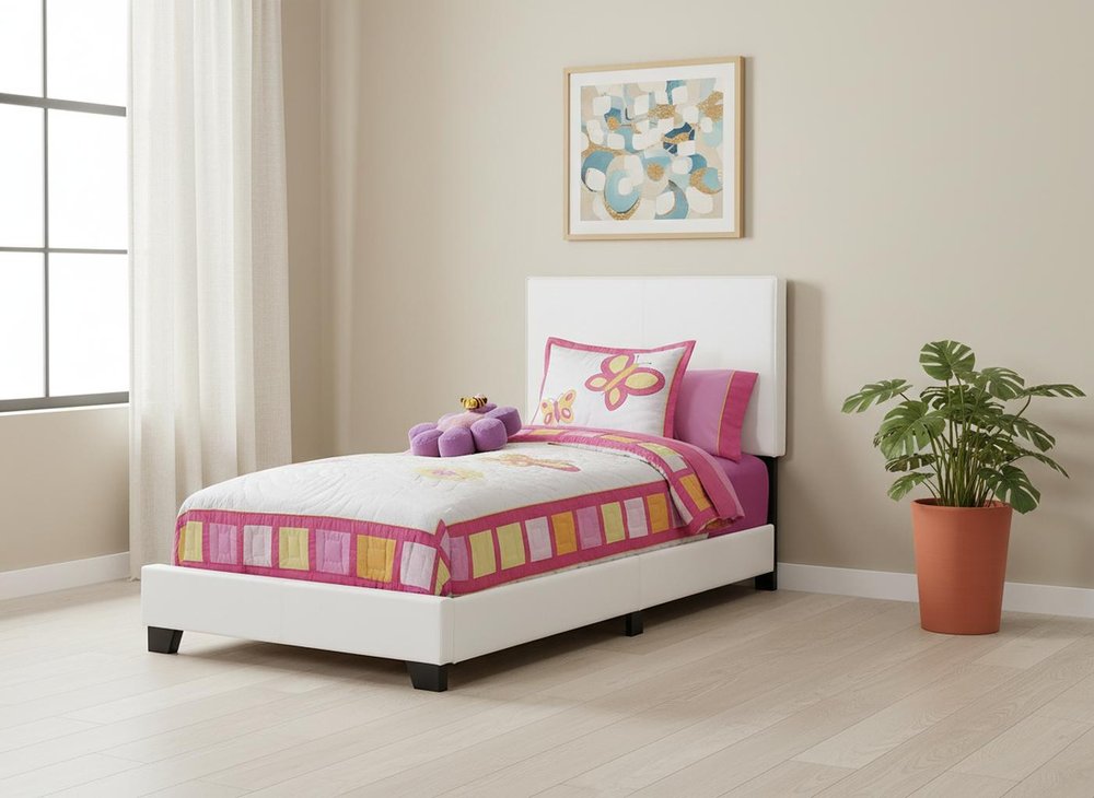 White Solid Wood Twin Upholstered Faux Leather Bed Frame