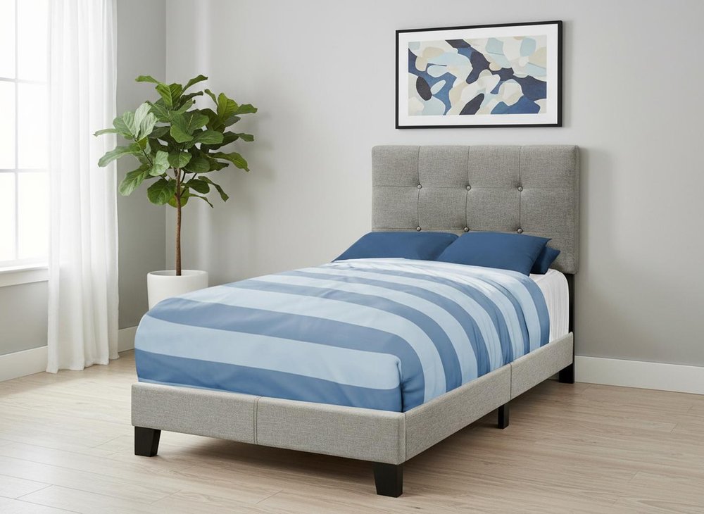 Gray Twin Tufted Upholstered Linen Bed Frame with Nailhead Trim