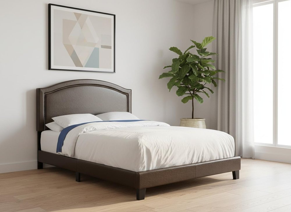 Gray Solid Wood Queen Upholstered Linen Bed Frame with Nailhead Trim