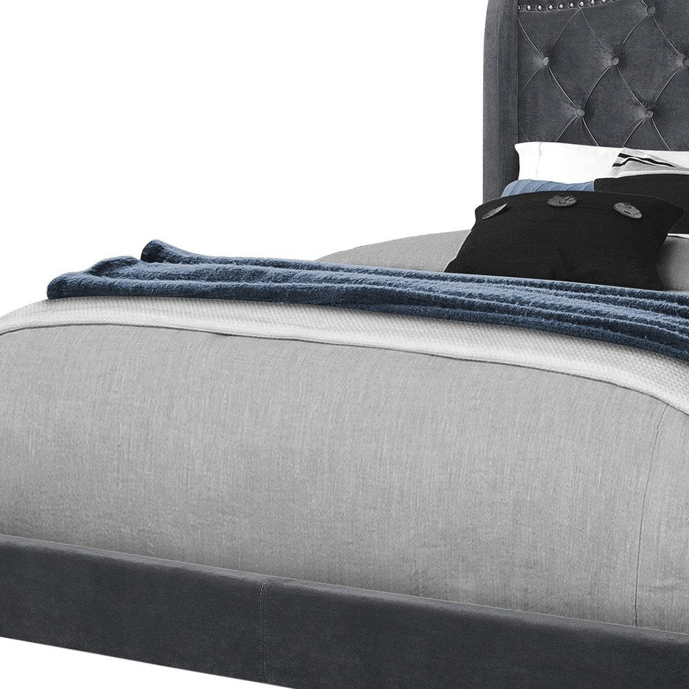 Light Gray and Gray Wood Tufted Upholstered Queen Bed Frame with Nailhead Trim