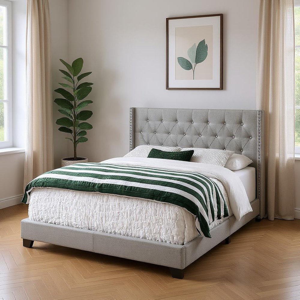 Gray Solid Wood And Tufted Linen Queen Bed Frame with Nailhead Trim