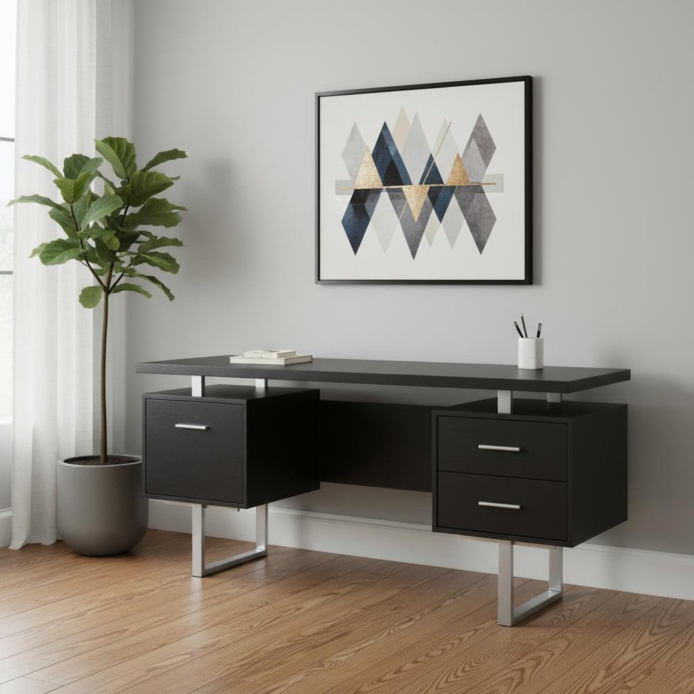 24" Taupe and Silver Computer Desk With Three Drawers