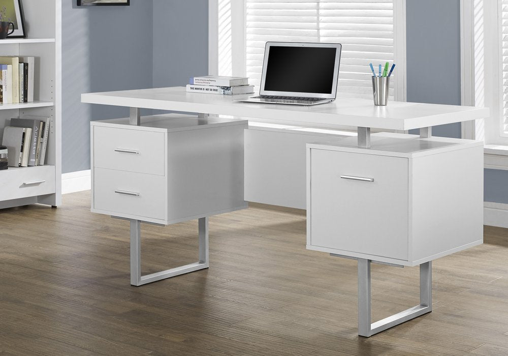 24" Taupe and Silver Computer Desk With Three Drawers
