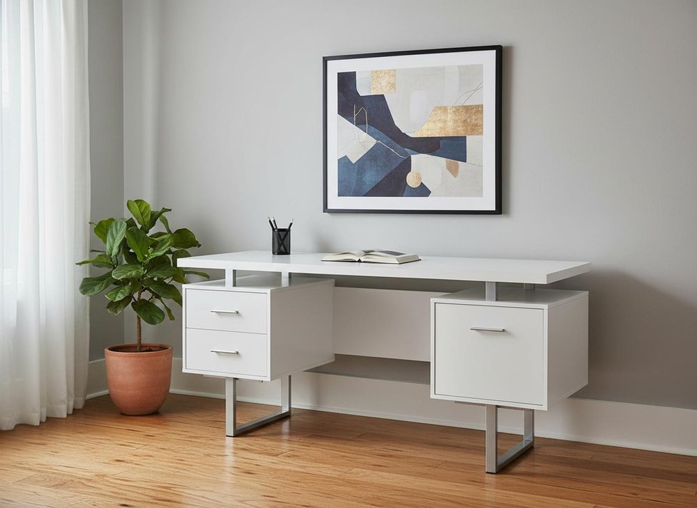 24" Taupe and Silver Computer Desk With Three Drawers