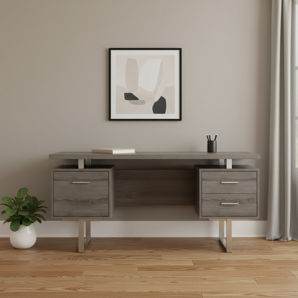 24" Taupe and Silver Computer Desk With Three Drawers