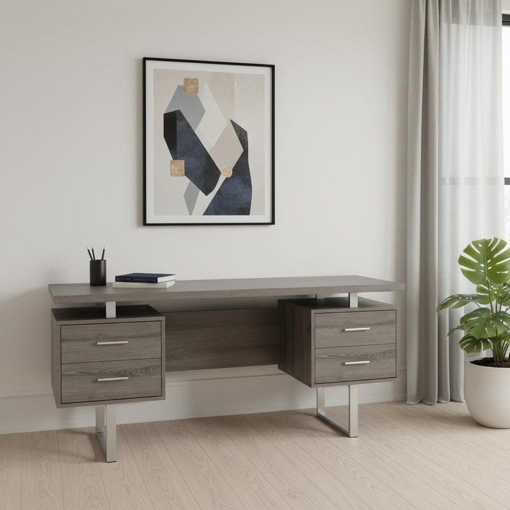 24" Taupe and Silver Computer Desk With Three Drawers