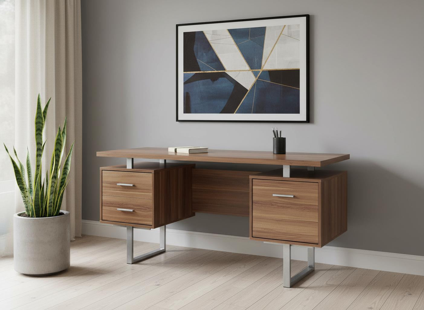 24" Taupe and Silver Computer Desk With Three Drawers