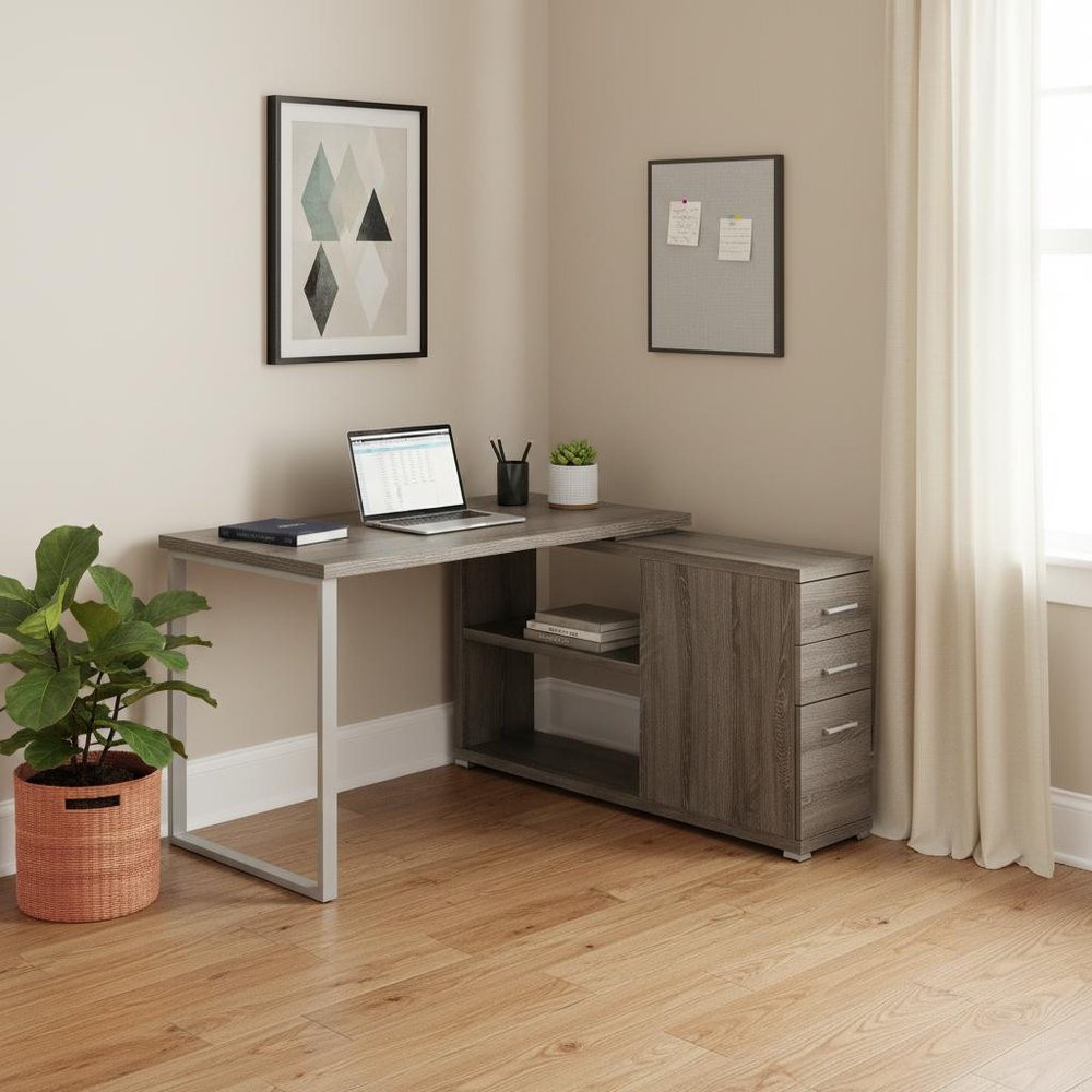 47" White and Silver L Shape Computer Desk With Three Drawers