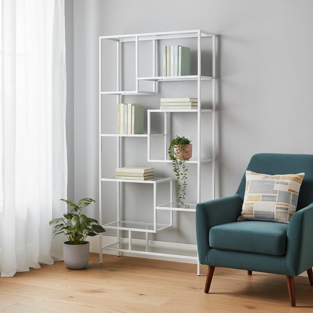 72" Silver And Clear Metal and Glass Nine Tier Etagere Bookcase