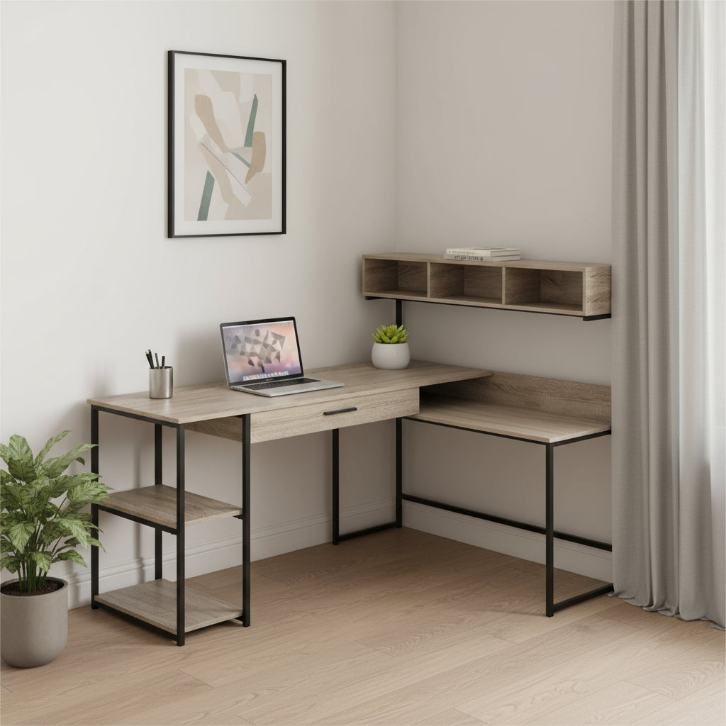 59" Taupe and Black L Shape Computer Desk