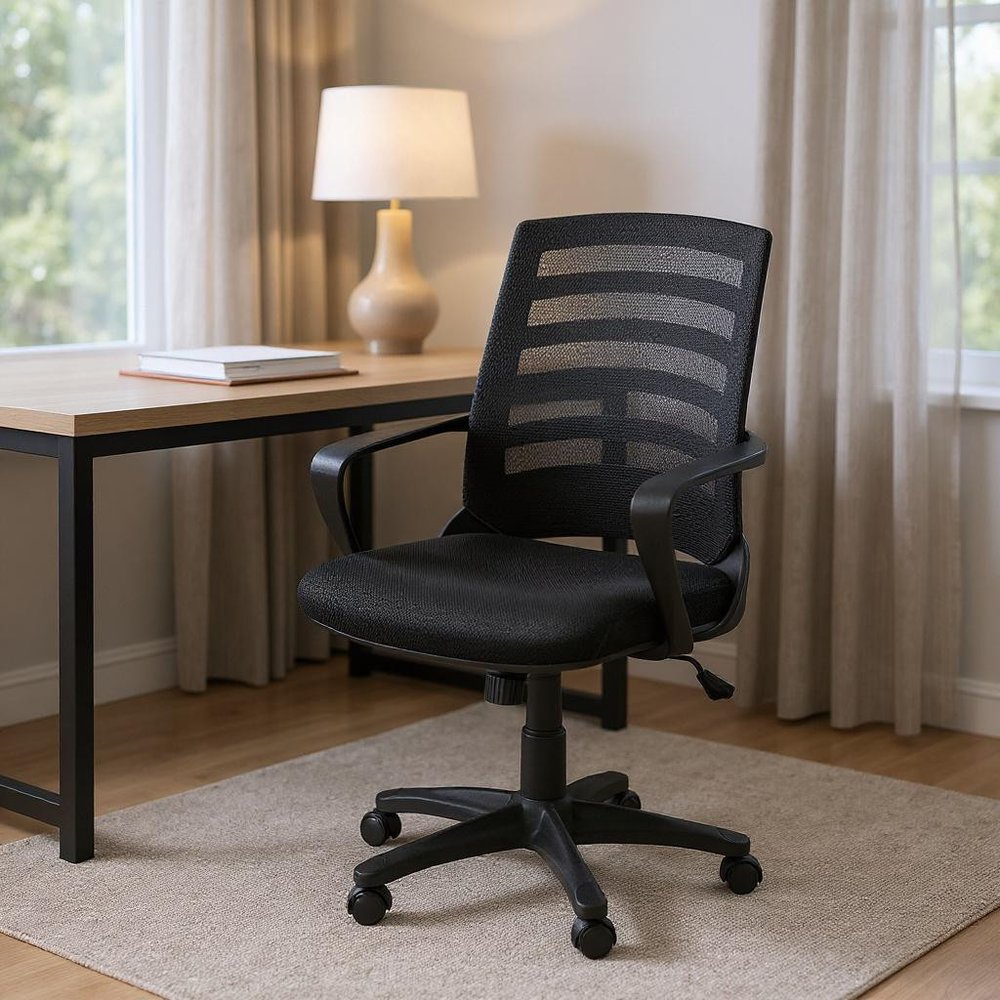 Black Polyester Seat Swivel Adjustable Task Chair Mesh Back Plastic Frame