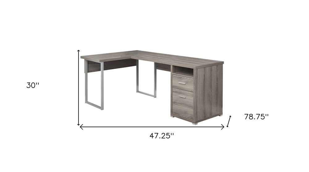 47" Taupe and Silver L Shape Computer Desk With Two Drawers