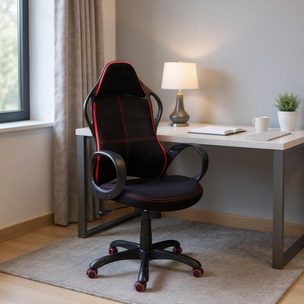 Black Fabric Tufted Seat Swivel Adjustable Gaming Chair Fabric Back Plastic Frame