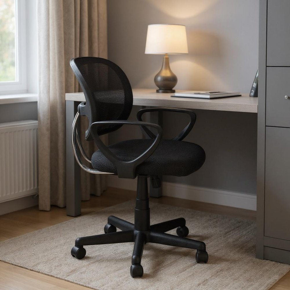 Black Polyester Seat Swivel Adjustable Task Chair Mesh Back Plastic Frame