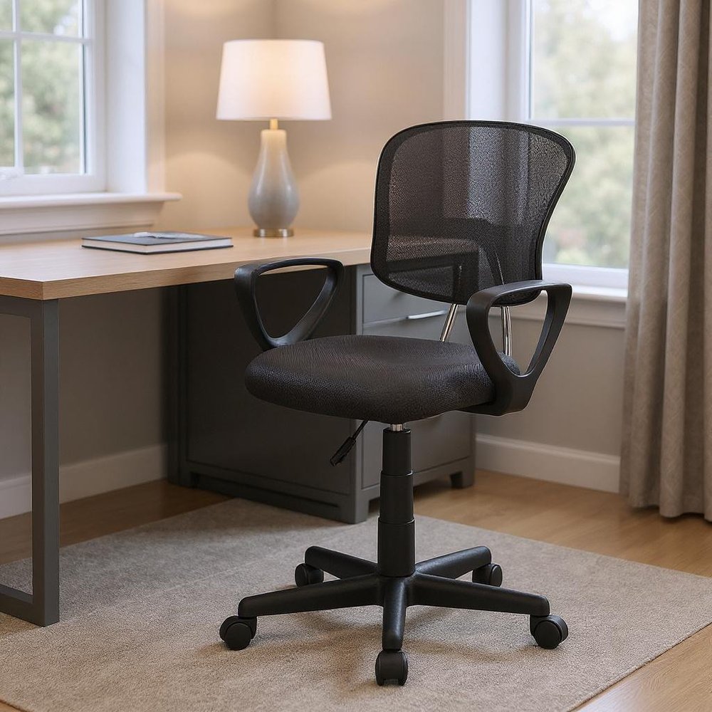 Black Polyester Seat Swivel Adjustable Task Chair Mesh Back Plastic Frame