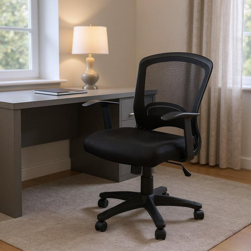 Black Polyester Seat Swivel Adjustable Task Chair Mesh Back Plastic Frame