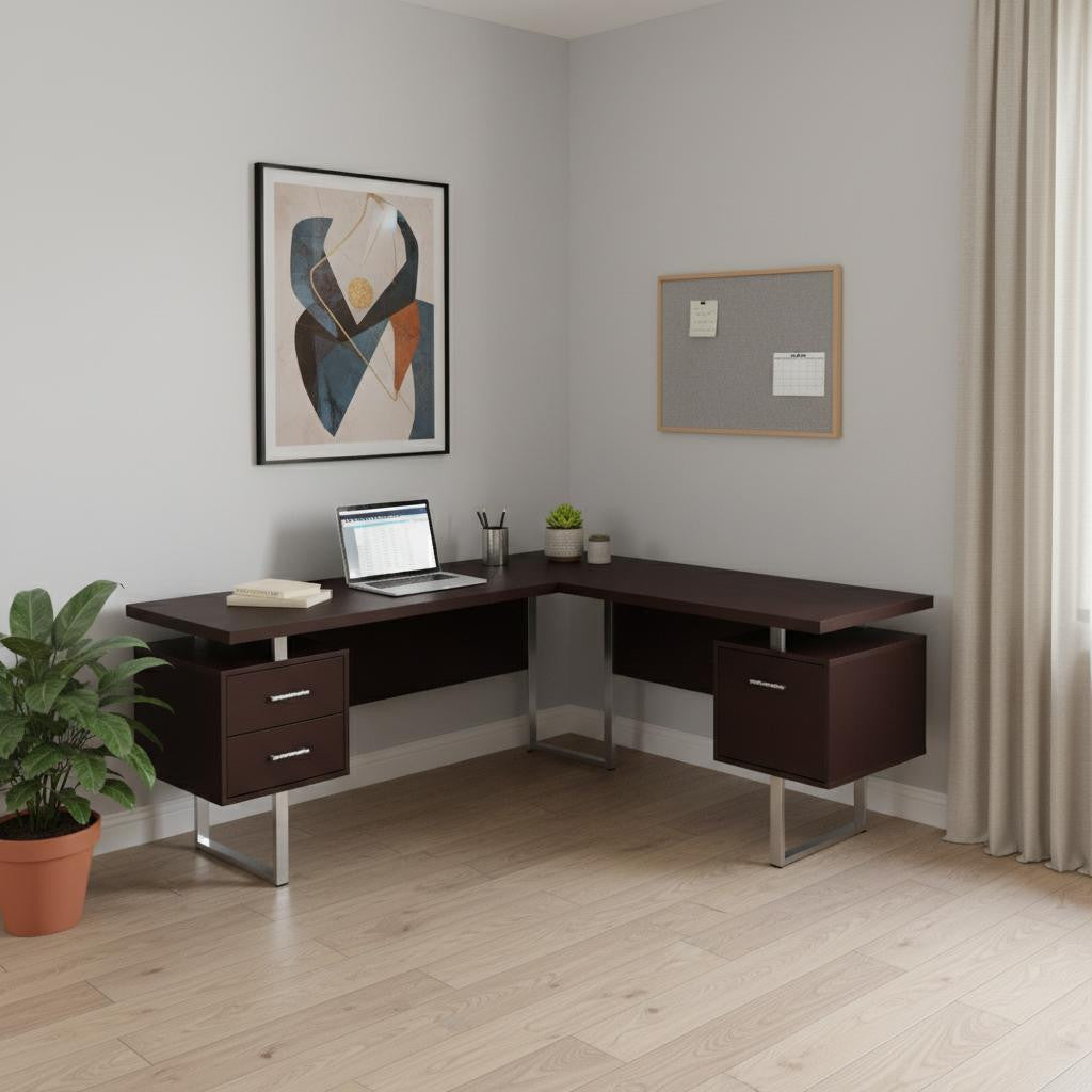71" Taupe and Silver L Shape Computer Desk With Three Drawers