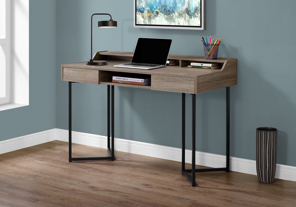 22" Taupe and Black Writing Desk With Two Drawers