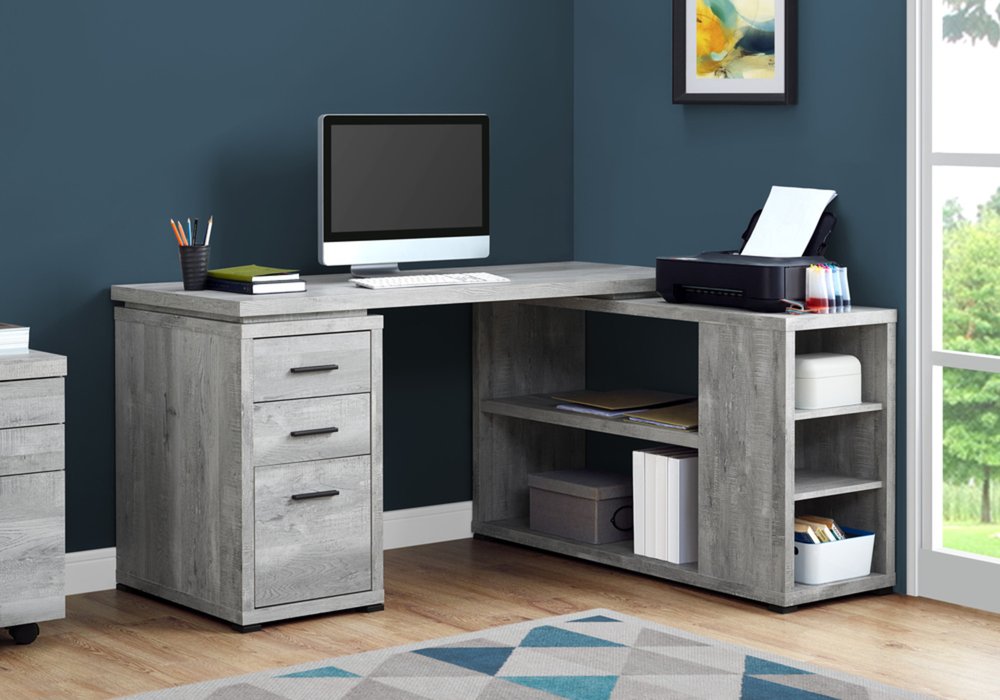 47" Gray L Shape Computer Desk With Three Drawers