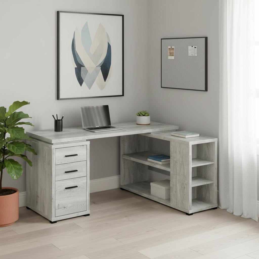 47" Gray L Shape Computer Desk With Three Drawers