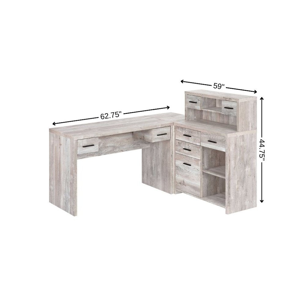 63" Taupe L Shape Computer Desk With Eight Drawers