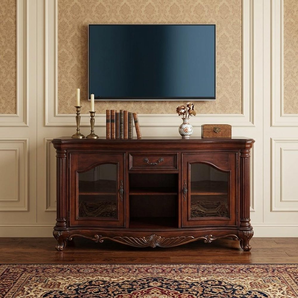 65" Brown Cherry Cabinet Enclosed Storage TV Stand with Bookcase