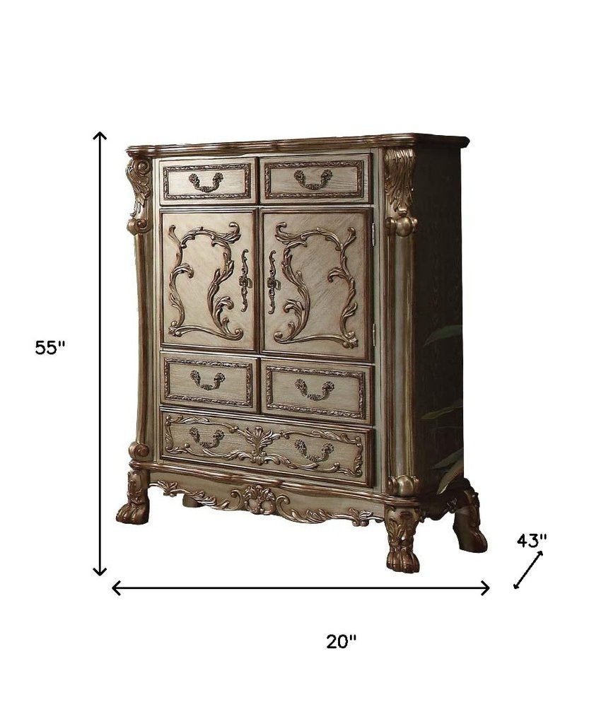 20" X 43" X 55" Gold Patina Bone Wood Poly Resin Chest