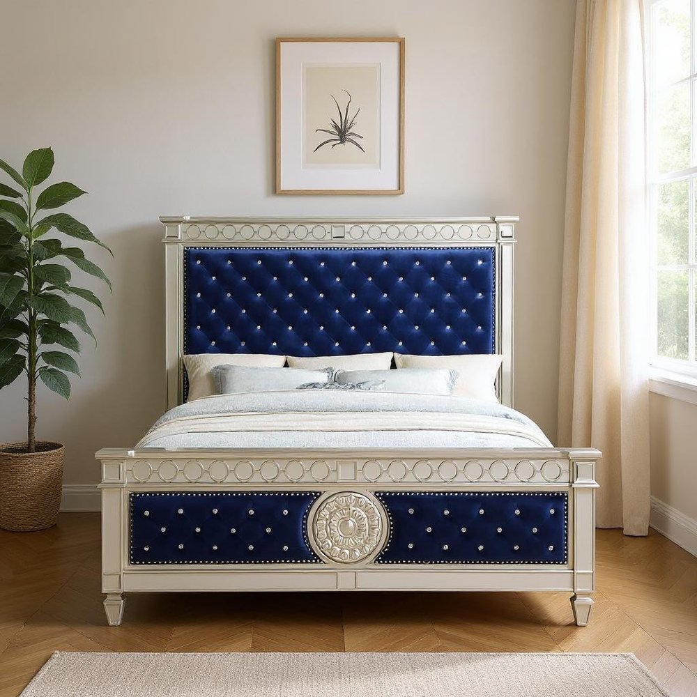 Blue Queen Tufted Upholstered Velvet Bed Frame with Nailhead Trim