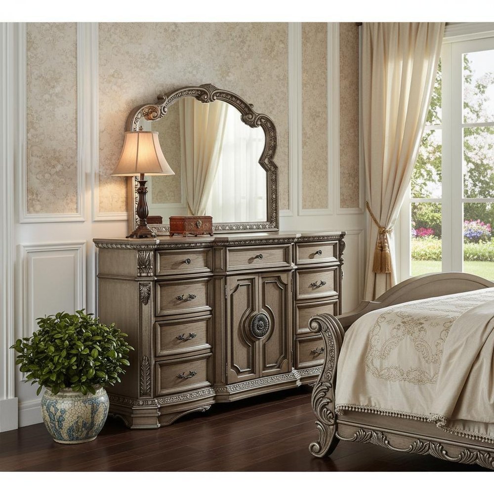 42" Champagne Carved Floral Wood Two Door Nine Drawer Combo Dresser