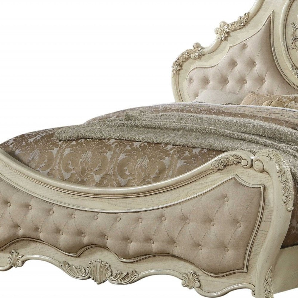 Beige Wood And Tufted Linen Queen Bed Frame With Nailhead Trim
