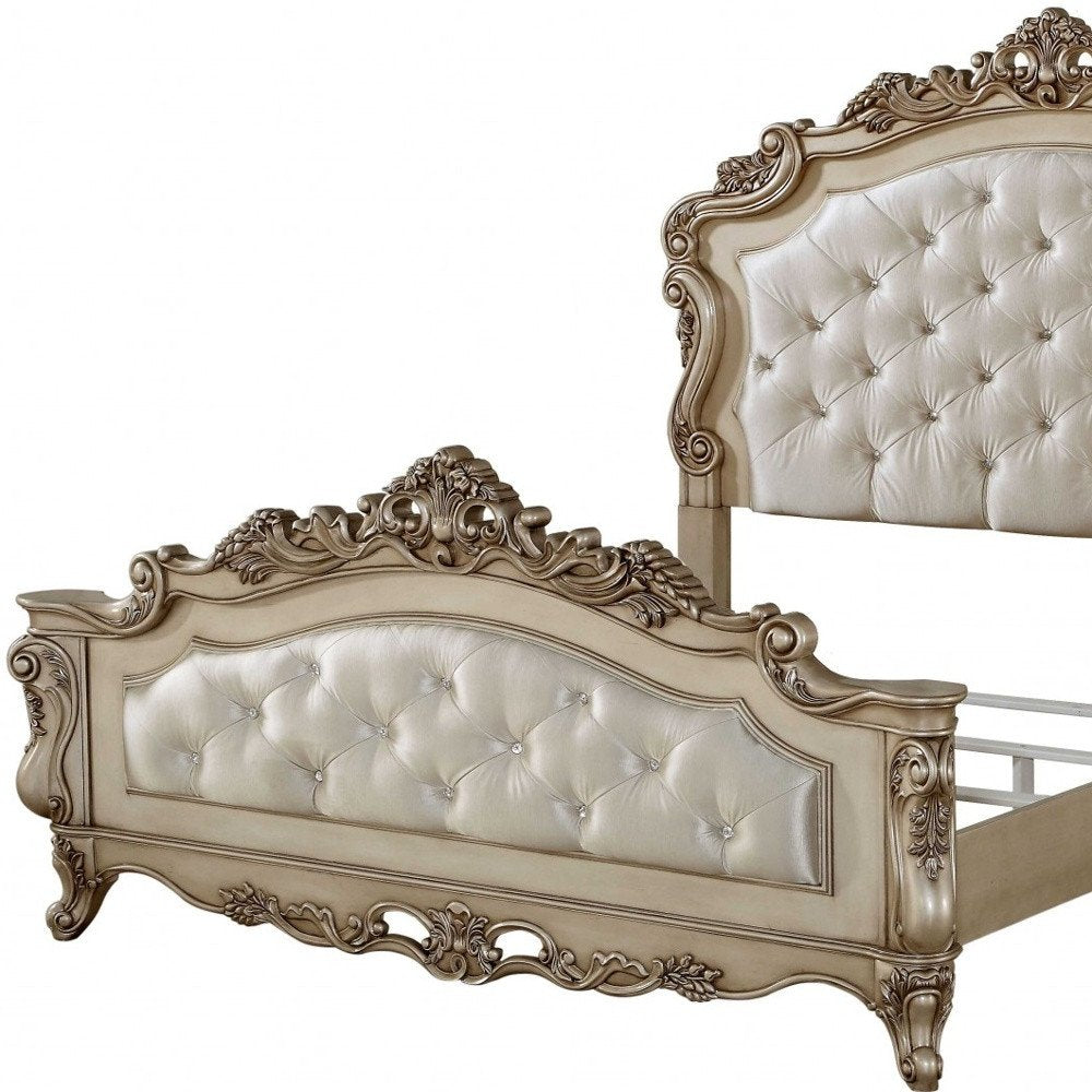 Antiqued White Wood And Tufted Silk Queen Bed Frame With Nailhead Trim