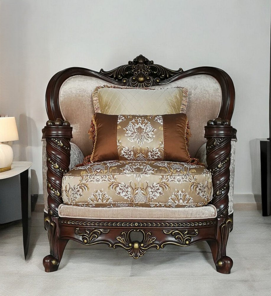 37" Beige and Brown Fabric Floral Club Chair And Toss Pillows