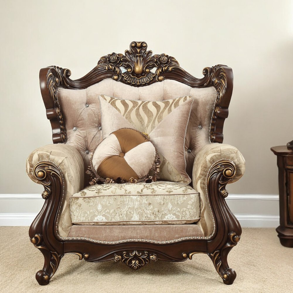 36" Beige and Brown Fabric Damask Tufted Arm Chair And Toss Pillows