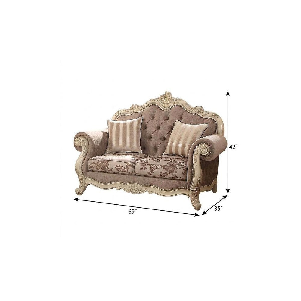 69" Gray And Off White Damask Chesterfield Loveseat and Toss Pillows