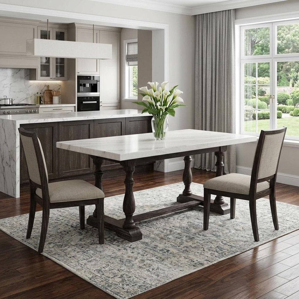 72" White and Gray Marble And Solid Wood Trestle Base Dining Table