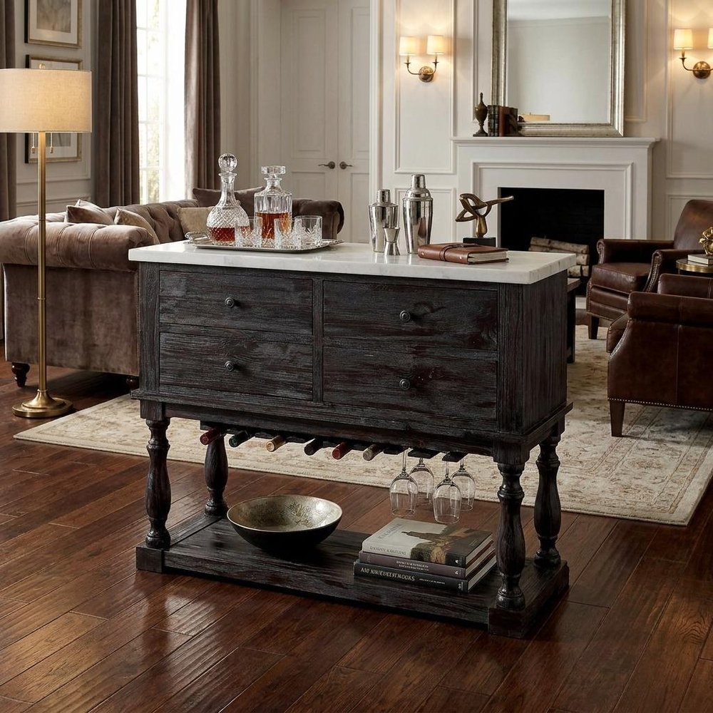 18" X 48" X 36" White Marble Weathered Espresso Wood Server