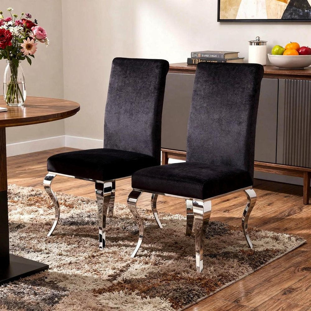 Set of Two Black And Silver Upholstered Fabric Dining Side Chairs