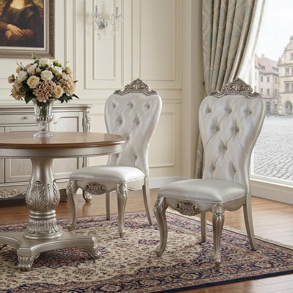 Set of Two Cream and Antiqued White Upholstered Fabric Queen Anne Back Dining Side Chairs