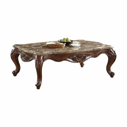 58" Brown Genuine Marble And Solid Wood Coffee Table