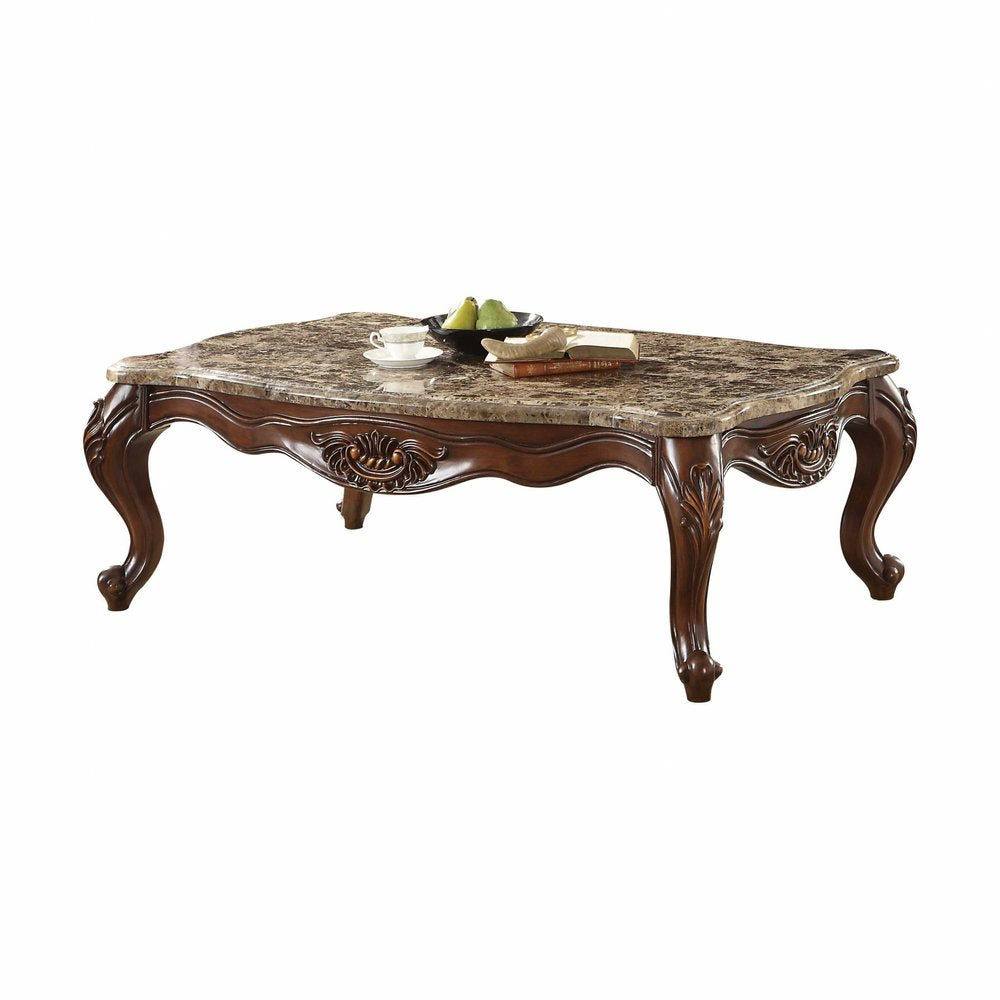 58" Brown Genuine Marble And Solid Wood Coffee Table
