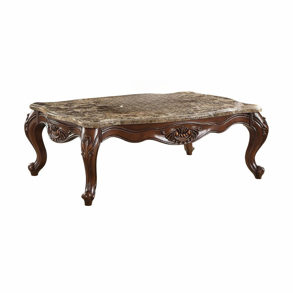 58" Brown Genuine Marble And Solid Wood Coffee Table