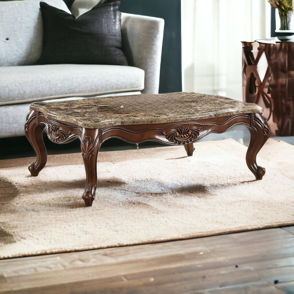 58" Brown Genuine Marble And Solid Wood Coffee Table