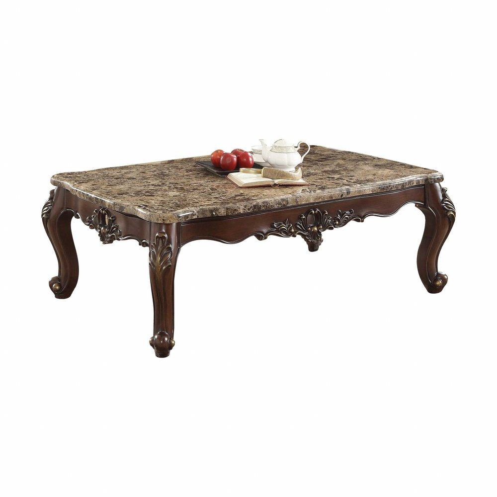 58" Brown Genuine Marble And Solid Wood Coffee Table