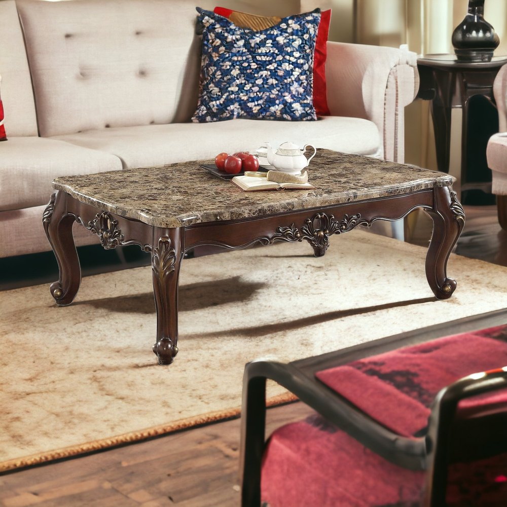 58" Brown Genuine Marble And Solid Wood Coffee Table