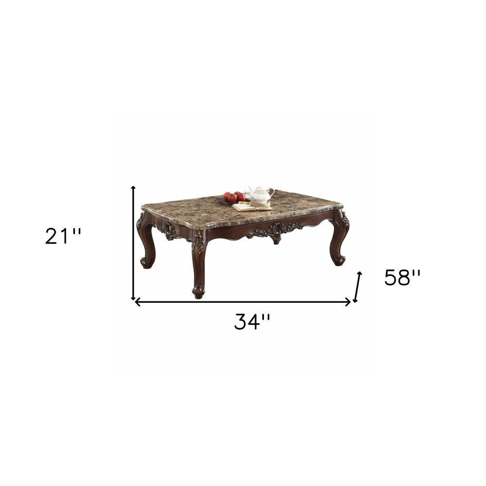 58" Brown Genuine Marble And Solid Wood Coffee Table