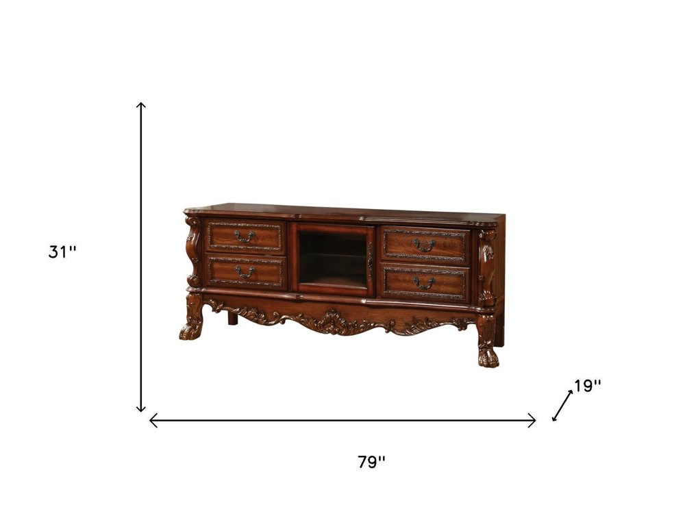 79" Brown Wood And Glass Carved Scrollwork Entertainment Center