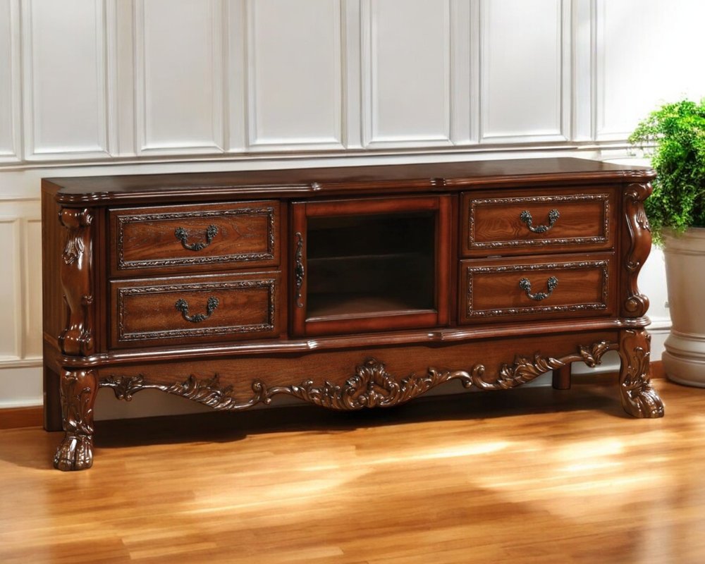 79" Brown Carved Scrollwork Wood And Glass Entertainment Center