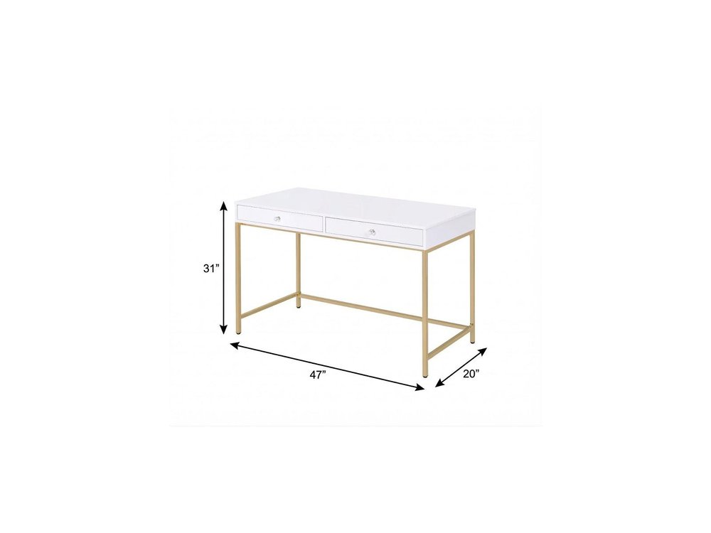47" White and Gold Computer Desk With Two Drawers